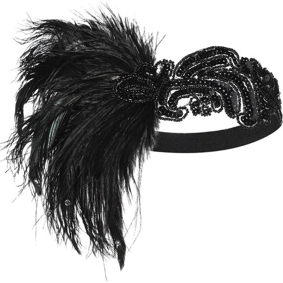 1920s Flapper Headband Faux Feathers Rhinestones Gatsby Party Accessory